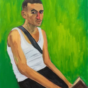 Anuar Khalifi, Abdelmalik reading Abdellah, 2025, Acrylic on Canvas, 80 x 63 cm